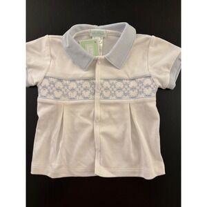 Baby Threads Smocked Front Snap Top Infants 6m Blue/White Peruvian‎ Pima Cotton